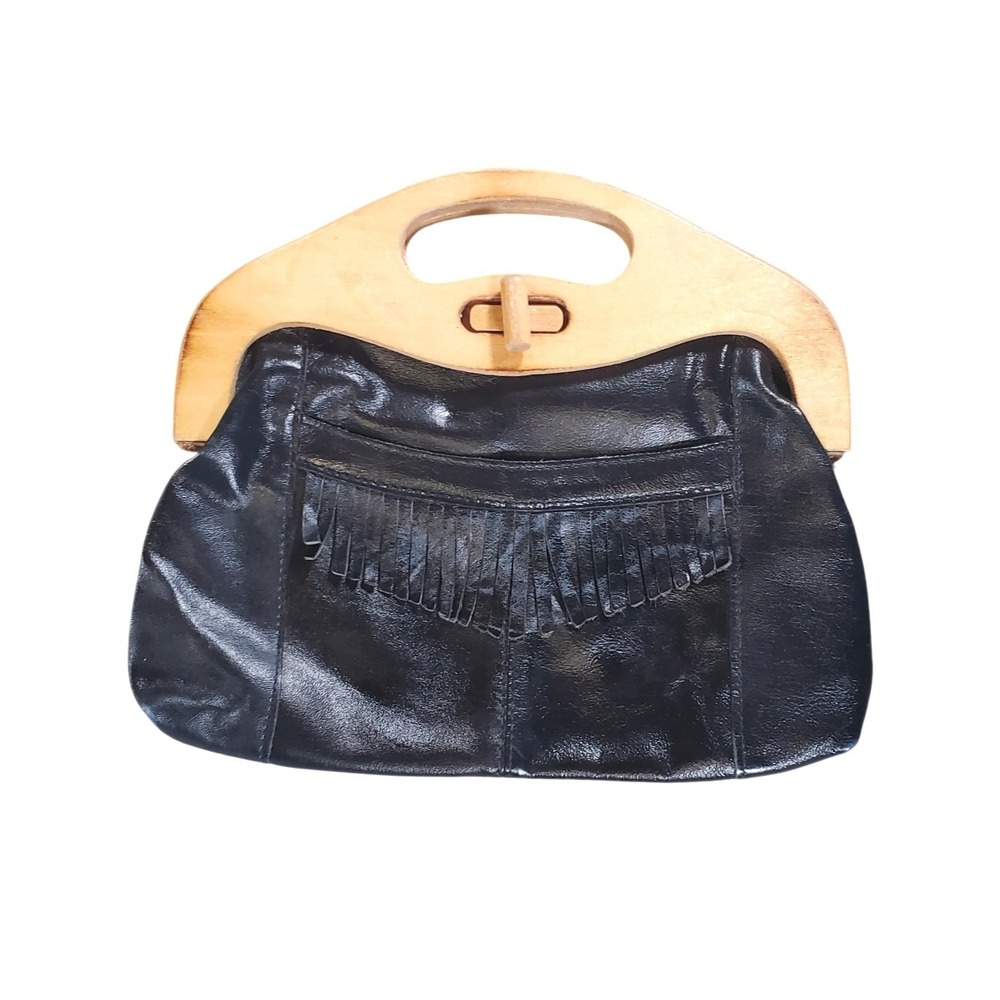 Vintage Black Genuine Leather Fringe Handbag with Wood Handle and Toggle Closure